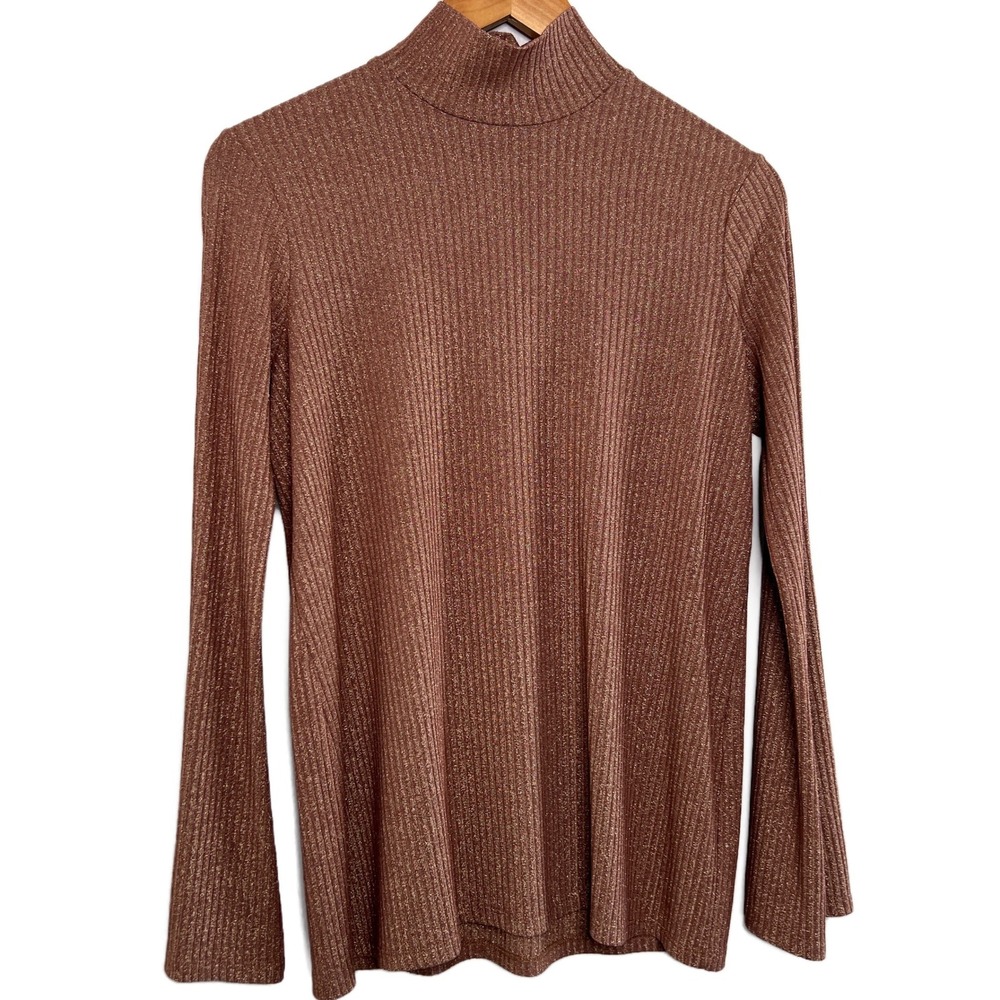 HATCH New Ribbed Mock Neck Metallic Long Sleeve Top Shirt Bronze Women's Size L - Picture 3 of 8